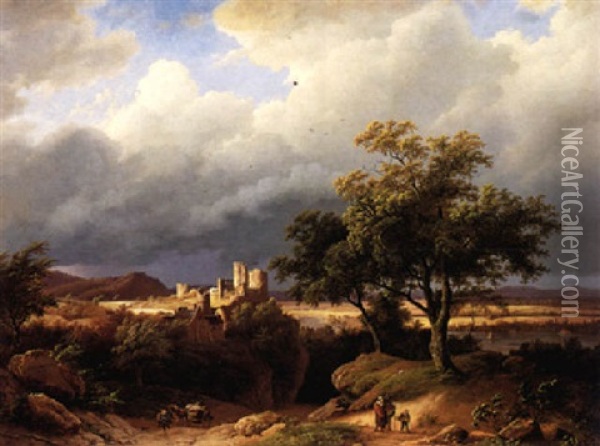 Figures In A Hilly Landscape, A Castle Beyond Oil Painting - Barend Cornelis Koekkoek