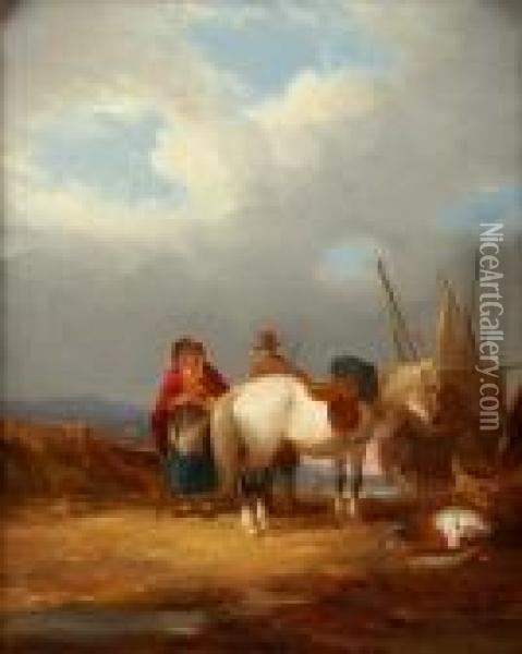 Fisherfolk And A Horse On The Sea Shore Oil Painting - William Joseph Shayer