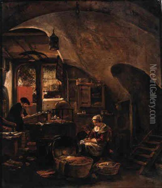 An Alchemist At Work In A Vaulted Room, With A Woman Seated By Acradle Oil Painting - Thomas Wyck