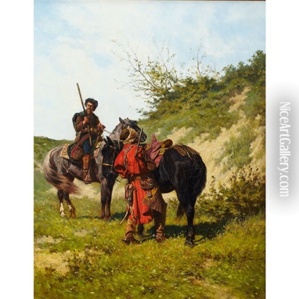 Cossack Horsemen Meeting On Route Oil Painting - Wladislaw Karol Szerner