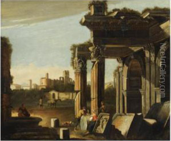 A Capriccio Of Classical Ruins With Peasants Resting Oil Painting - Nicolo Viviani Codazzi