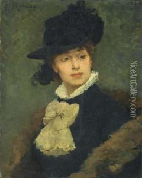 Portrait Of A Young Woman With Black Hat. Oil Painting - Francisco Miralles Galup