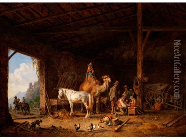 Zirkusvolk Bei Der Rast In Einer Scheune Oil Painting - Heinrich Buerkel
