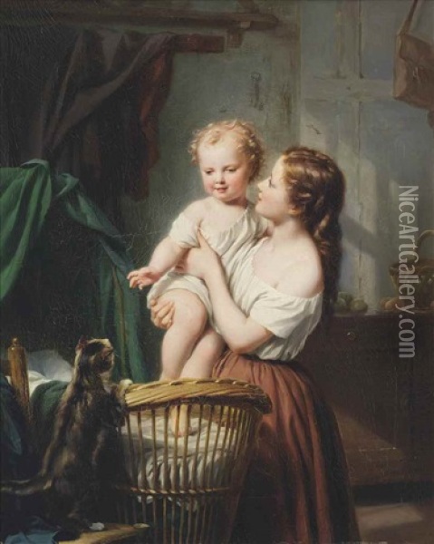 Admiring The Baby Oil Painting - Fritz Zuber-Buehler