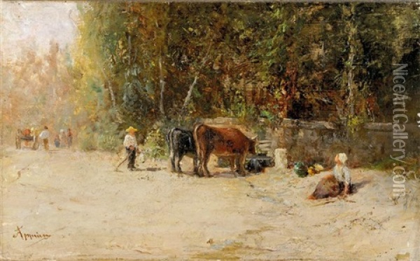 Vacher Surveillant Ses Vaches S'abreuvant A Une Fontaine Oil Painting - Adolphe Appian