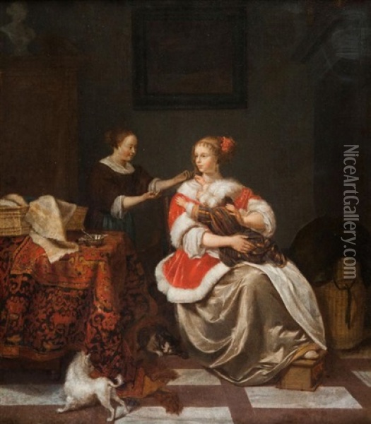 Jeune Femme Tenant Un Enfant Sur Ses Genoux Avec Sa, Suivante Dans Un Interieur Oil Painting - Pieter Cornelisz van Slingeland