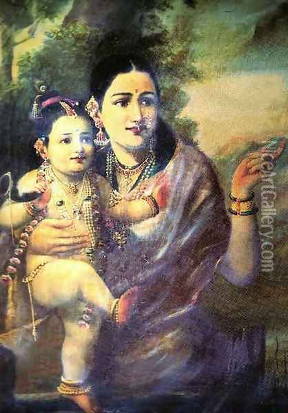 Yesoda With Krishna Oil Painting - Raja Ravi Varma