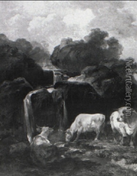 Cows Grazing Near A Waterfall Oil Painting - Helmer Osslund