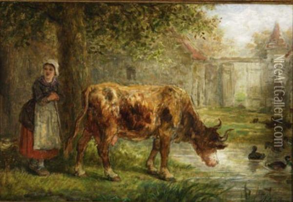 Milkmaid And Her Cow Oil Painting - Antony Serres