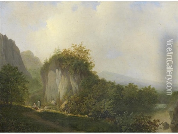 Travellers Resting On A Country Path, A Landscape Beyond Oil Painting - Johannes Warnardus Bilders