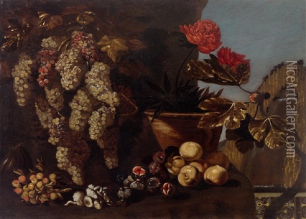 Still Life With Grapes, Figs And Mushrooms In A Landscape Oil Painting - Giovanni Battista Ruoppolo