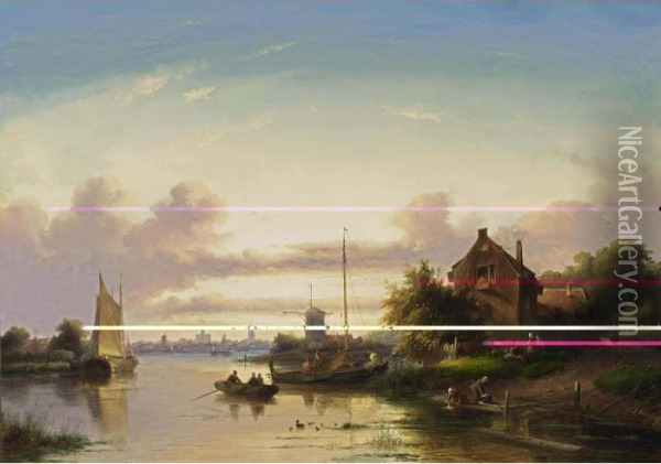 A River Landscape At Dusk, Haarlem In The Distance Oil Painting - Jan Jacob Coenraad Spohler