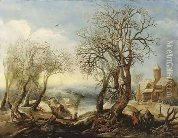 An extensive winter river landscape with the Flight into Egypt, a sportsman and his hound, a wood gatherer trundling a wheelbarrow and a peasant woman Oil Painting - Denys Van Alsloot
