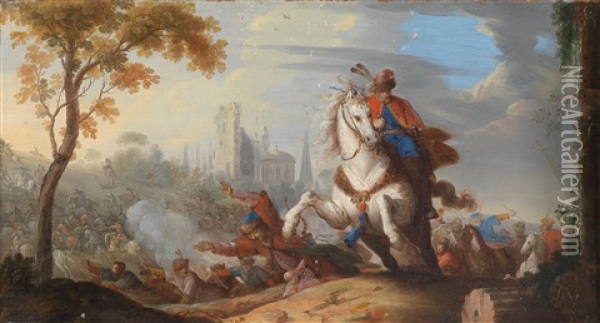Reitergefechte Zwischen Christlichen Und Osmanischen Soldaten (pair) Oil Painting - Pieter (Janitzer or il Geannizzero) Hofmans