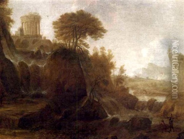 Figures By A Waterfall In A Classical Landscape Oil Painting - Claude Lorrain