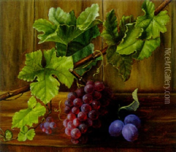 Black Grapes On A Vine With Plums On A Wooden Ledge Oil Painting - Alfrida Baadsgaard