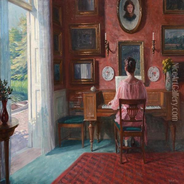 Interior With A Backturned Woman Palying The Piano Oil Painting - Robert Panitzsch