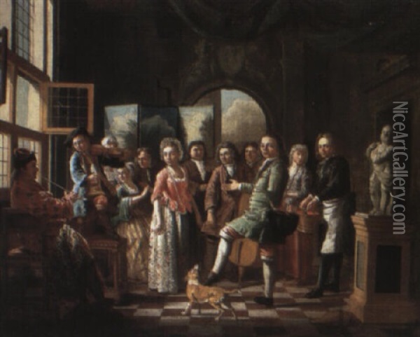 Company In An Interior With A Fiddler And A Man Smoking A Pipe Oil Painting - Maximilian Blommaerdt