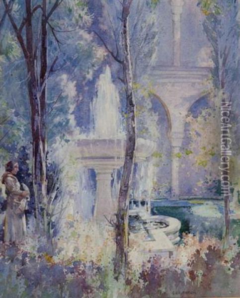 Figure In A Garden Standing Beside A Fountain Oil Painting - George Robert Rushton