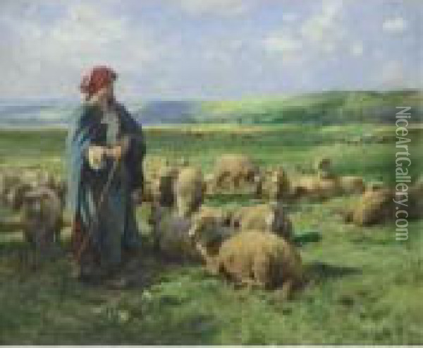 A Young Shepherdess Watching Over Her Flock Oil Painting - Julien Dupre