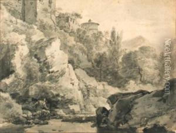 Italianate Buildings On A Rocky 
Rise By A River, Hills Beyond(recto); A Herdsman With Cattle In A Hilly 
Landscape (verso) Oil Painting - Adriaen Van Der Kabel