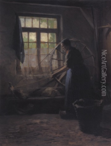 Woman With Spinning Wheel Oil Painting - Paul Peel