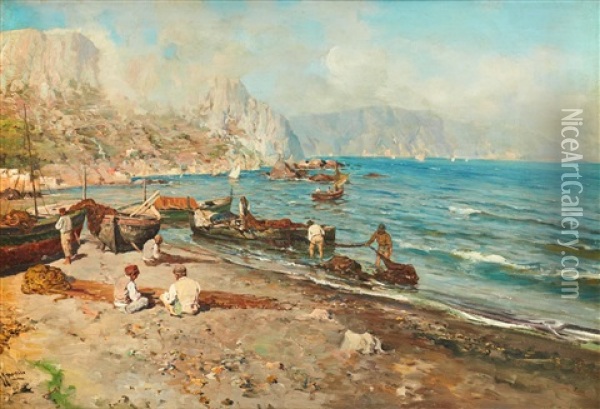 Fishermen At The Neapolitan Coast Oil Painting - Giuseppe Giardiello