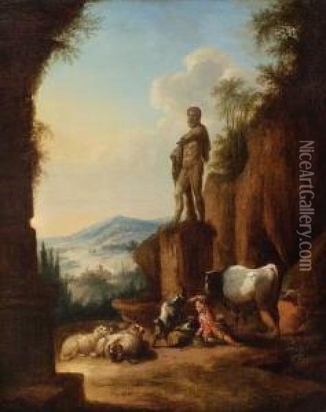 Hirtenknabe Mit Viehherde Bei
 Einem Herkulesstandbild Oil Painting - Joseph Conrad Seekatz