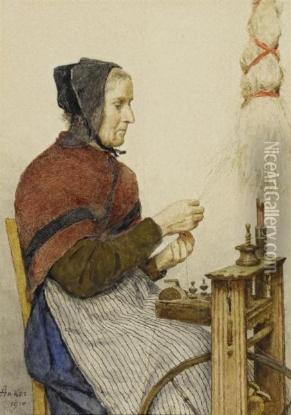 Peasant Woman At A Spinning Wheel Oil Painting - Albert Anker