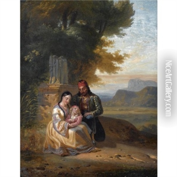 Greek Family In A Landscape Oil Painting - Jules LeCoeur