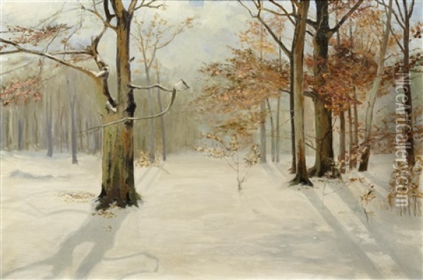 A Nor'easter; Wintry Wooded Wonderland (2 Works) Oil Painting - Leon Durand Bonnet