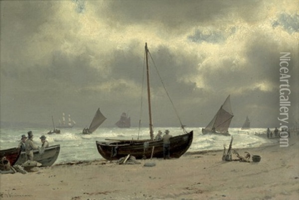Fischerboote Mit Fischern Am Strand Oil Painting - Carl Johann Neumann