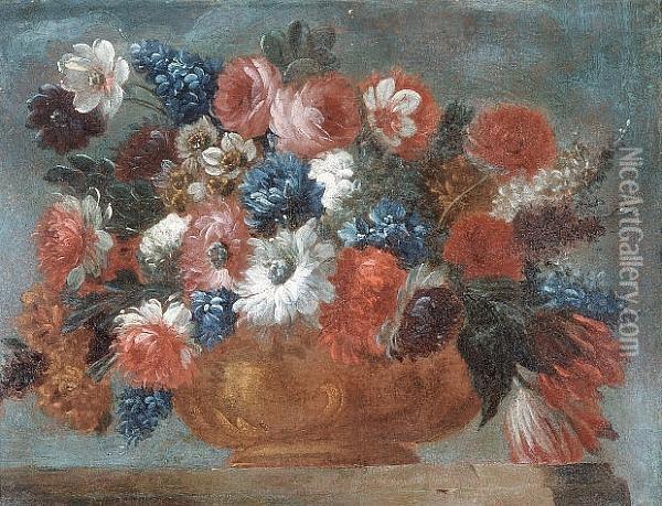 Chrysanthemums, Tulips, Narcisi 
And Other Flowers In A Bronze Urn On A Table-top; And Delphiniums, 
Tupils, Roses, Chrysanthemums And Other Flowers In A Brone Urn On A 
Table Top Oil Painting - Giuseppe Lavagna