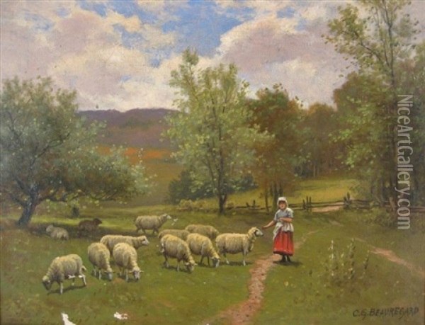 Maid Feeding Sheep In Pasture Oil Painting - Charles Grant Beauregard