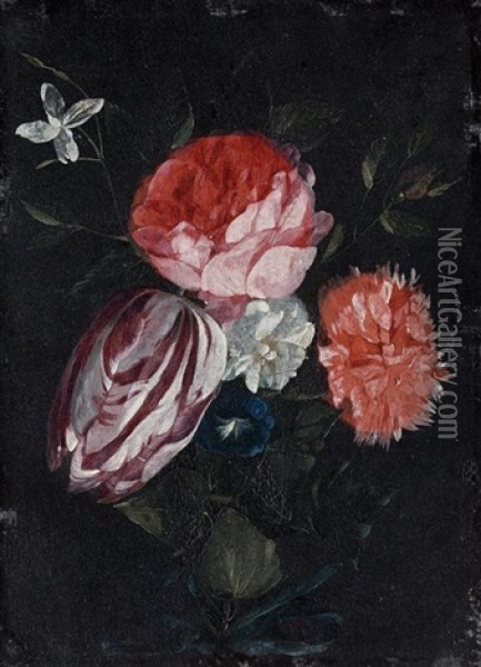 Bouquet De Fleurs Retenu Par Une Guirlande De Lierres Et Un Noeud Bleu Oil Painting - Jan Philip van Thielen