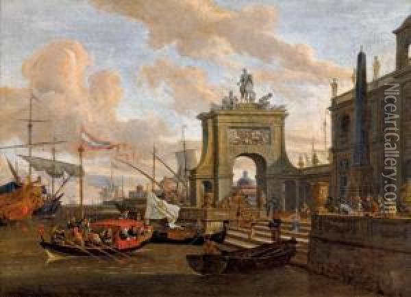 Embarquement Dans Un Port Mediterraneen Avec Une Arche Romaine Et Un Obelisque Oil Painting - Abraham Storck
