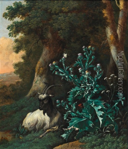 A Wooded Landscape With A Goat And Thistles; And A Wooded Landscape With A Sheep And Thistles Oil Painting - Abraham Jansz. Begeyn