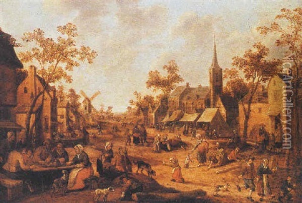 A Village Market Scene With Figures Drinking Before An Inn Oil Painting - Joost Cornelisz. Droochsloot