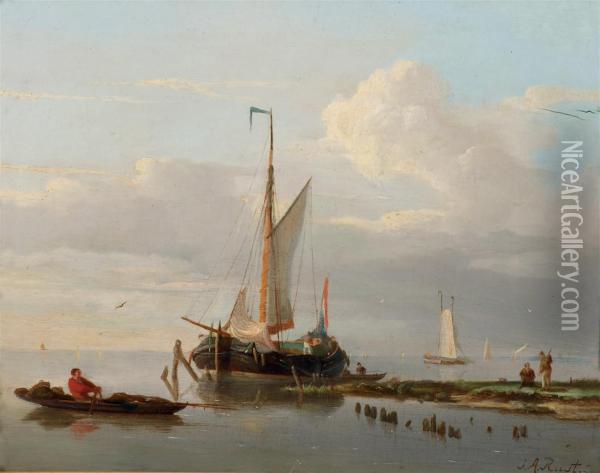 A Barge Moored At A Pier Oil Painting - Johan Adolph Rust
