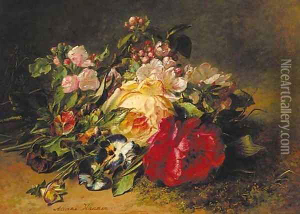 A still life with apple, blossom, roses and violets on a forest floor Oil Painting - Adriana-Johanna Haanen