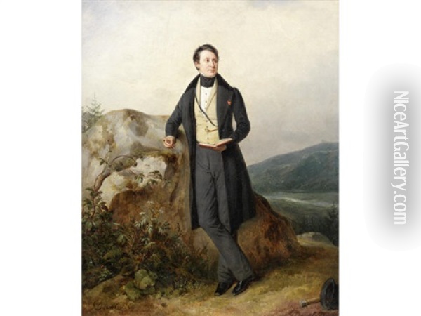 Portrait Of A Gentleman, Full-length, In A Yellow Waistcoat And A Morning Coat, Holding A Book And A Pen, In A Mountainous Landscape Oil Painting - Pierre Duval-Lecamus