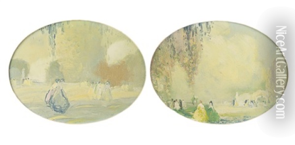 Pair Of Impressionistic Landscapes With Figures Oil Painting - Arthur Dominique Rozaire