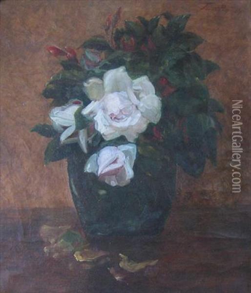 Red And White Flowers In Green Vase Oil Painting - Ignace Henri Jean Fantin-Latour