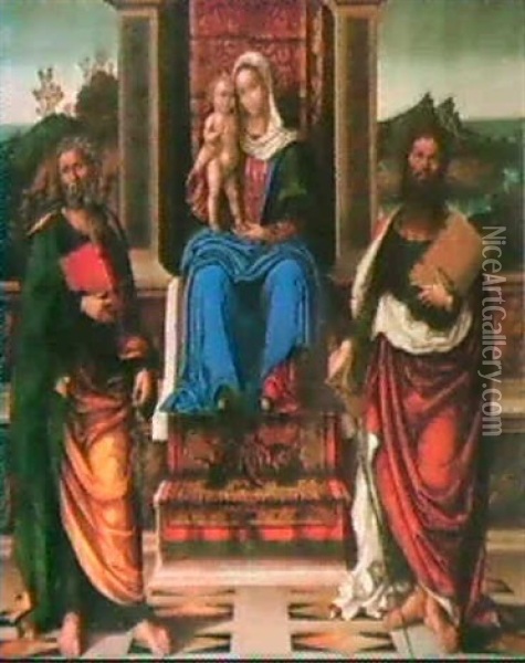 The Madonna And Child Enthroned With Saints Peter           And Paul Oil Painting - Francesco Zaganelli