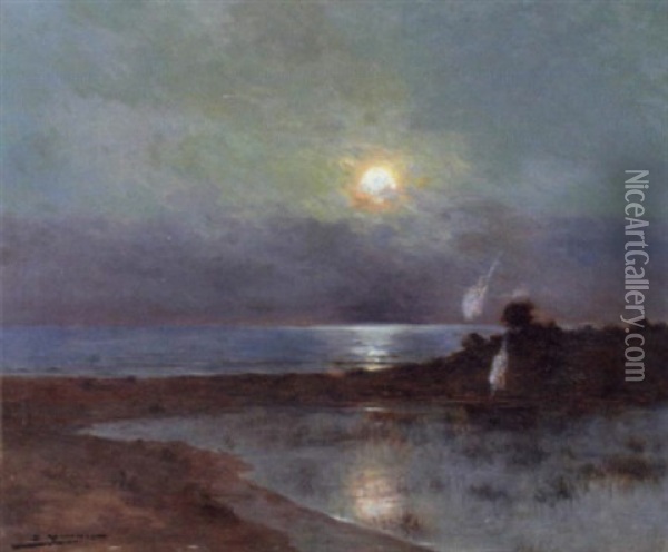 Marine Et Etang Au Clair De Lune Oil Painting - Luis Graner y Arrufi