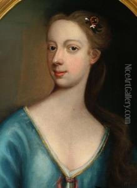 Portrait Of A Young Lady, Head And Shoulders, Wearing Blue Dress Oil Painting - Enoch Seeman