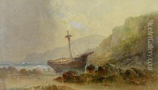 Salvagers At Work On A Beached Sailing Ship Oil Painting - William Cook Of Plymouth