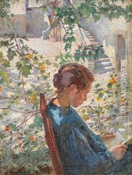 Lesende Junge Frau Im Garten Oil Painting - Otto Vautier