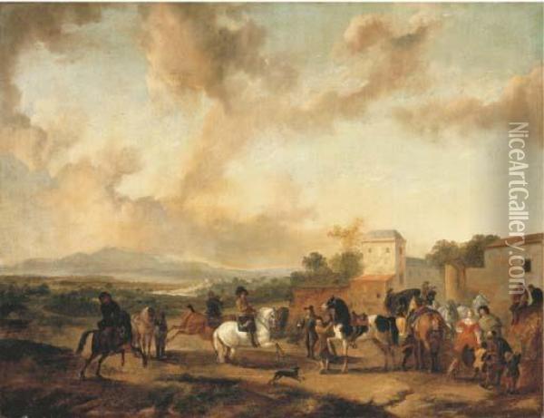 A Riding School In An Italianate Landscape Oil Painting - Pieter Wouwermans or Wouwerman