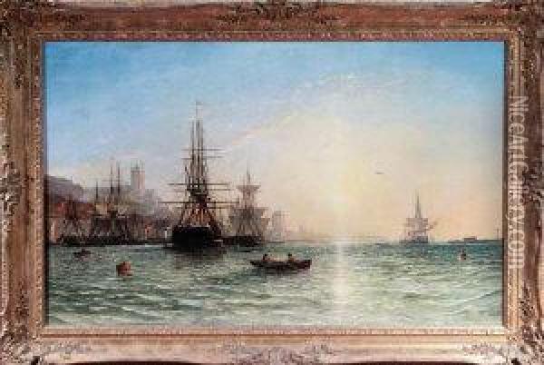 Sunrise - Sailing Ships And Paddle Tugs In The Harbour At Northshields Oil Painting - Francis Danby